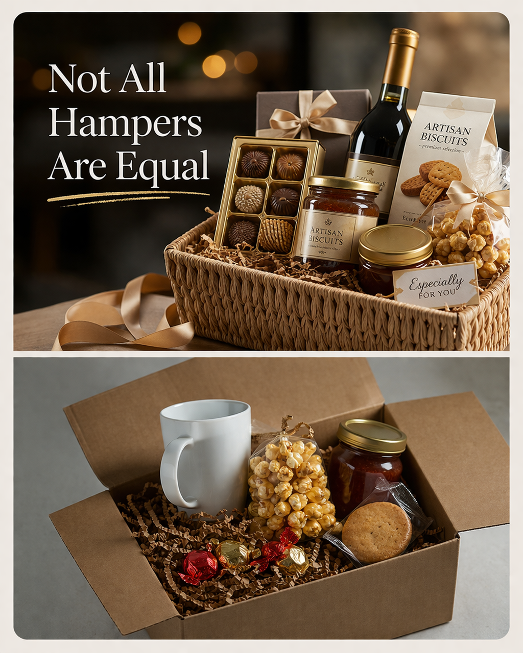 Luxury gift hamper with wine, chocolates and gourmet snacks